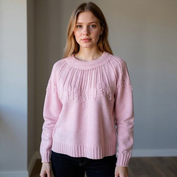 Talbots Knit Sweater Women Medium Embroidered Light Pink Preppy Coquette Crew - Picture 14 of 14